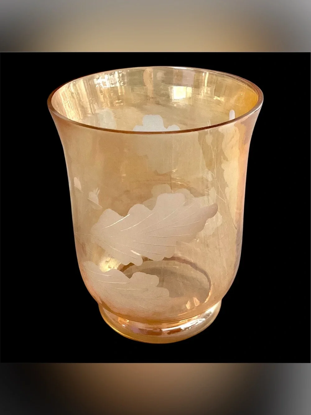 Vintage Iridescent Peachy Orange Etched Leaf Amber Glass Vase or Candle Holder
